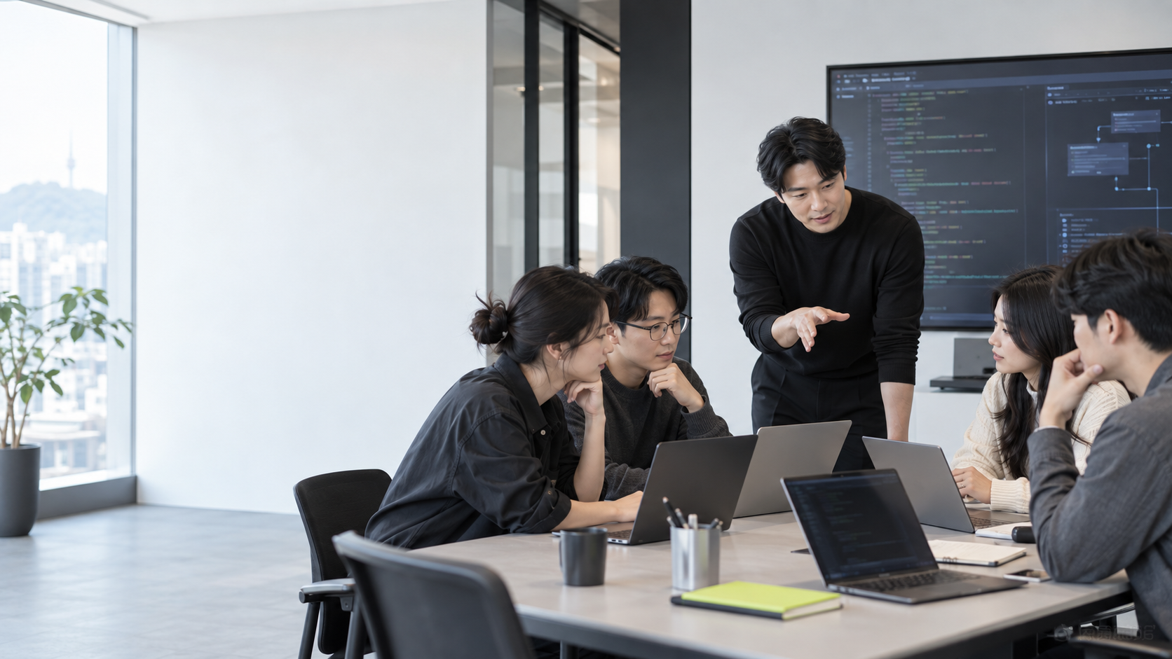 기업 구성원들이 노트북으로 ChatGPT Codex 실습을 진행하는 교육 현장